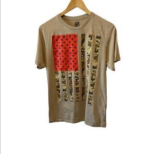 Tan Flag Graphic Short Sleeve Cotton Loose Fit Casual Tee Shirt Top M